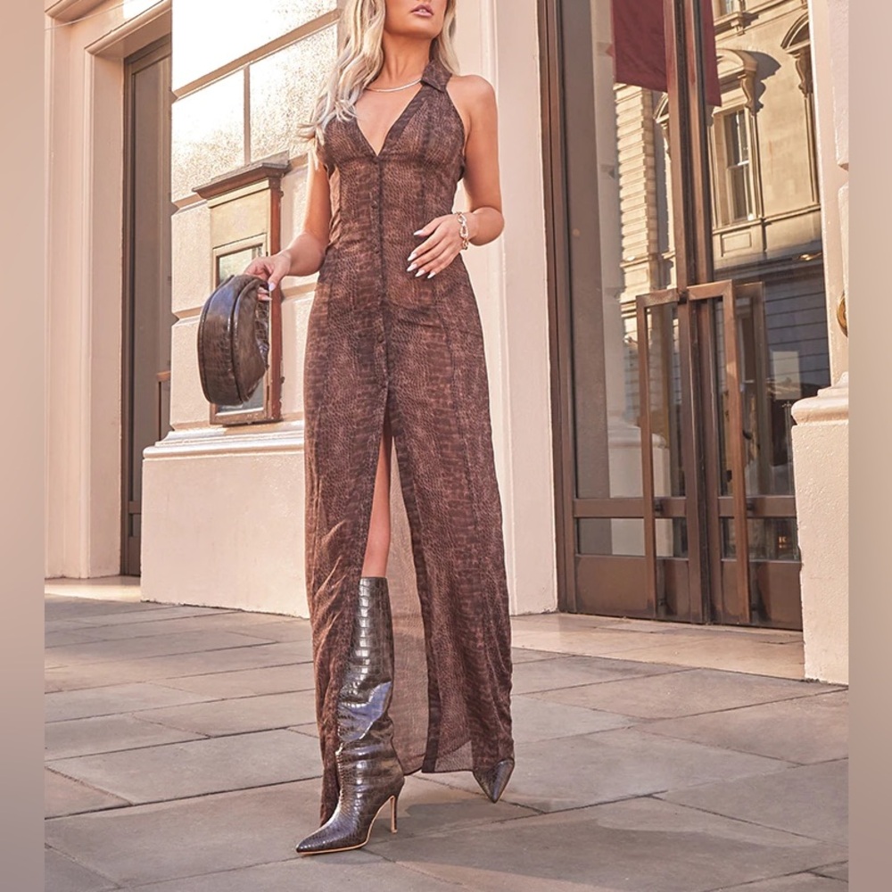 Chocolate Croc Print Chiffon Maxi Dress